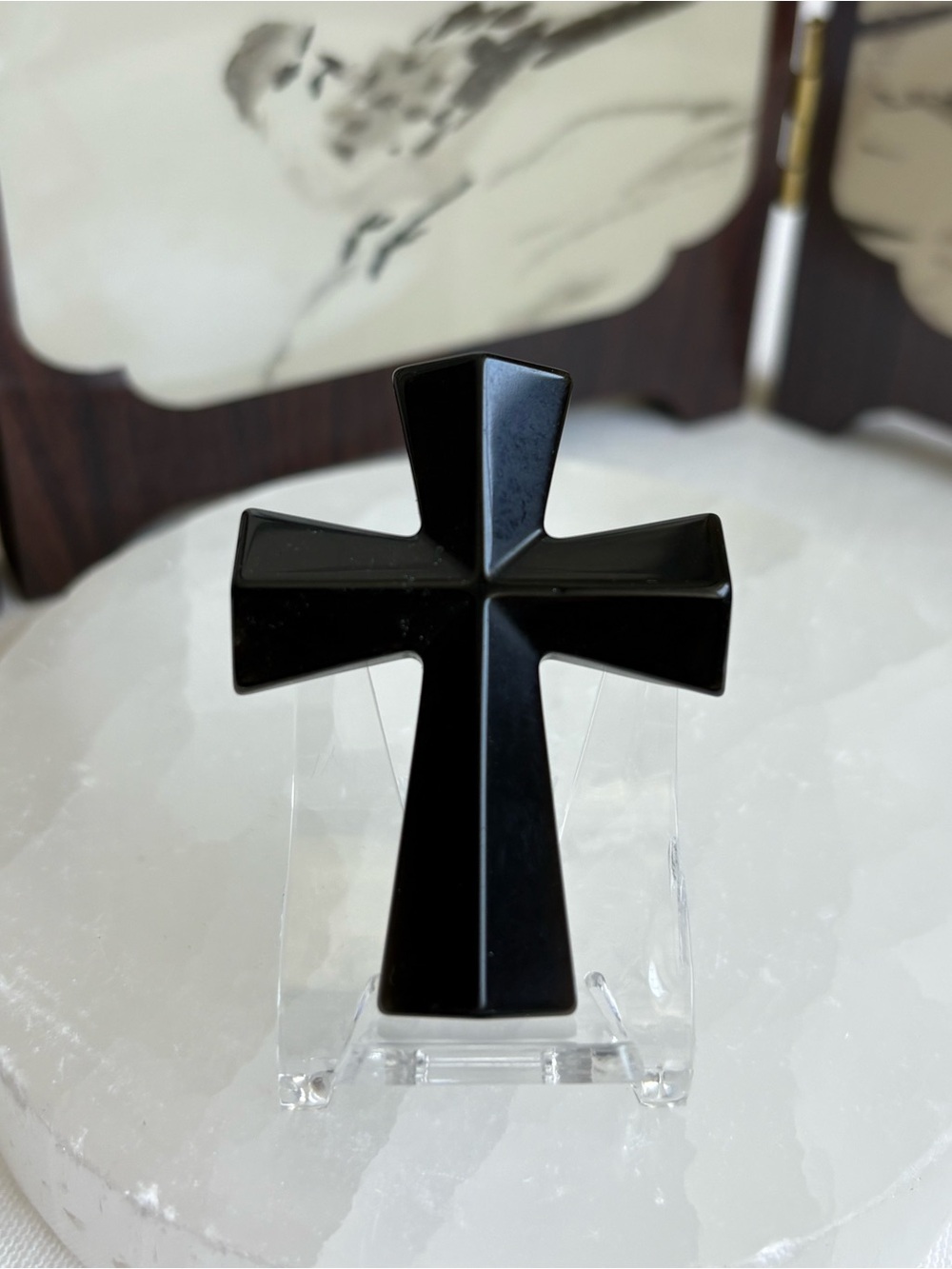 Black obsidian crystal cross carving